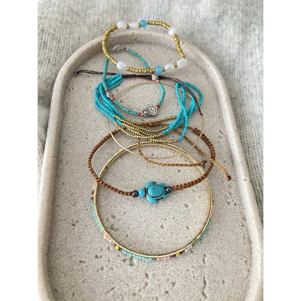 Mixed Bohemian Bracelets Set Of 5 Teal Blue Beaded Bangle Cord Stacking Layering